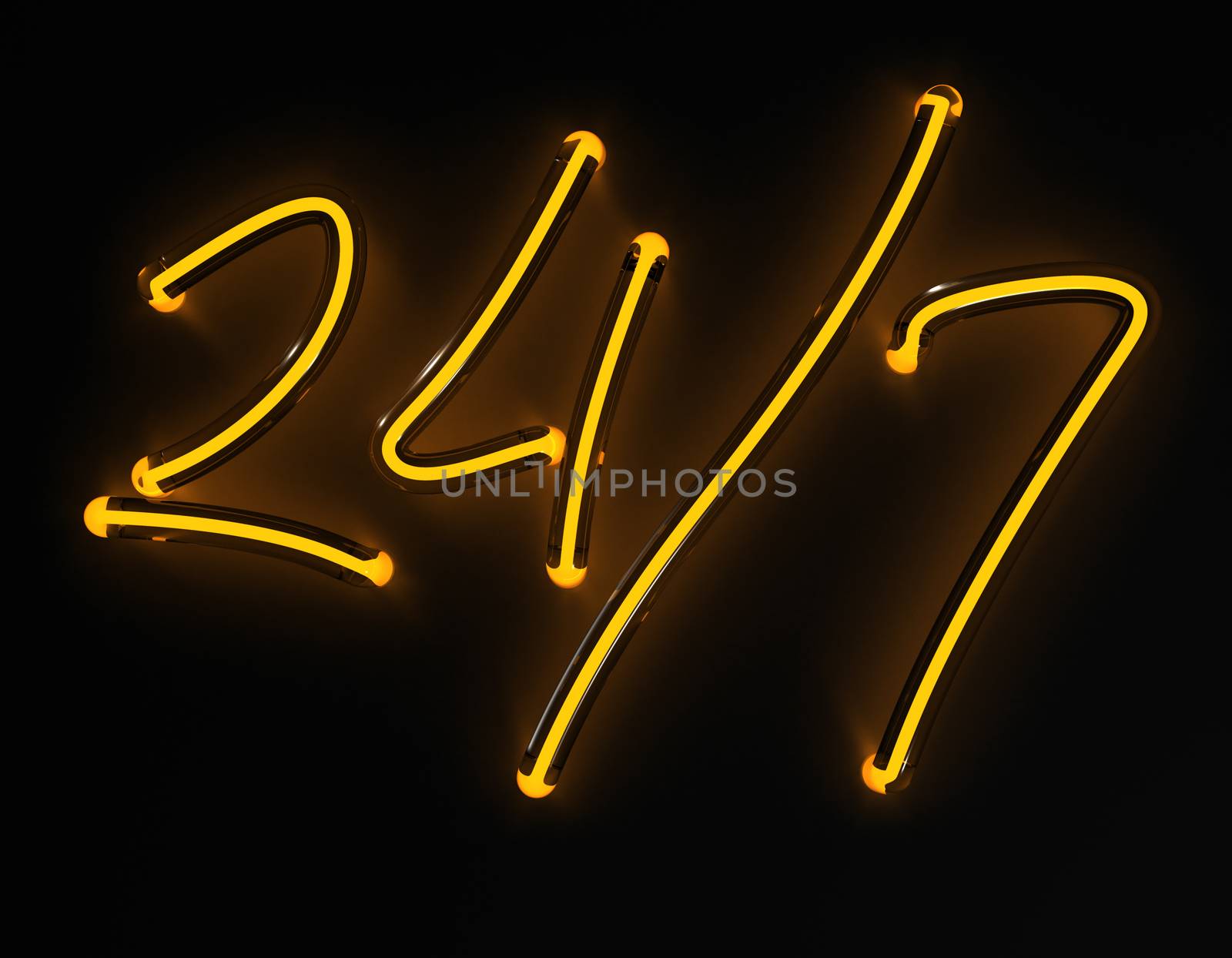 3d render 24 / 7 yellow neon sign isolated on black background. For restaurant promo spot on dark wall.