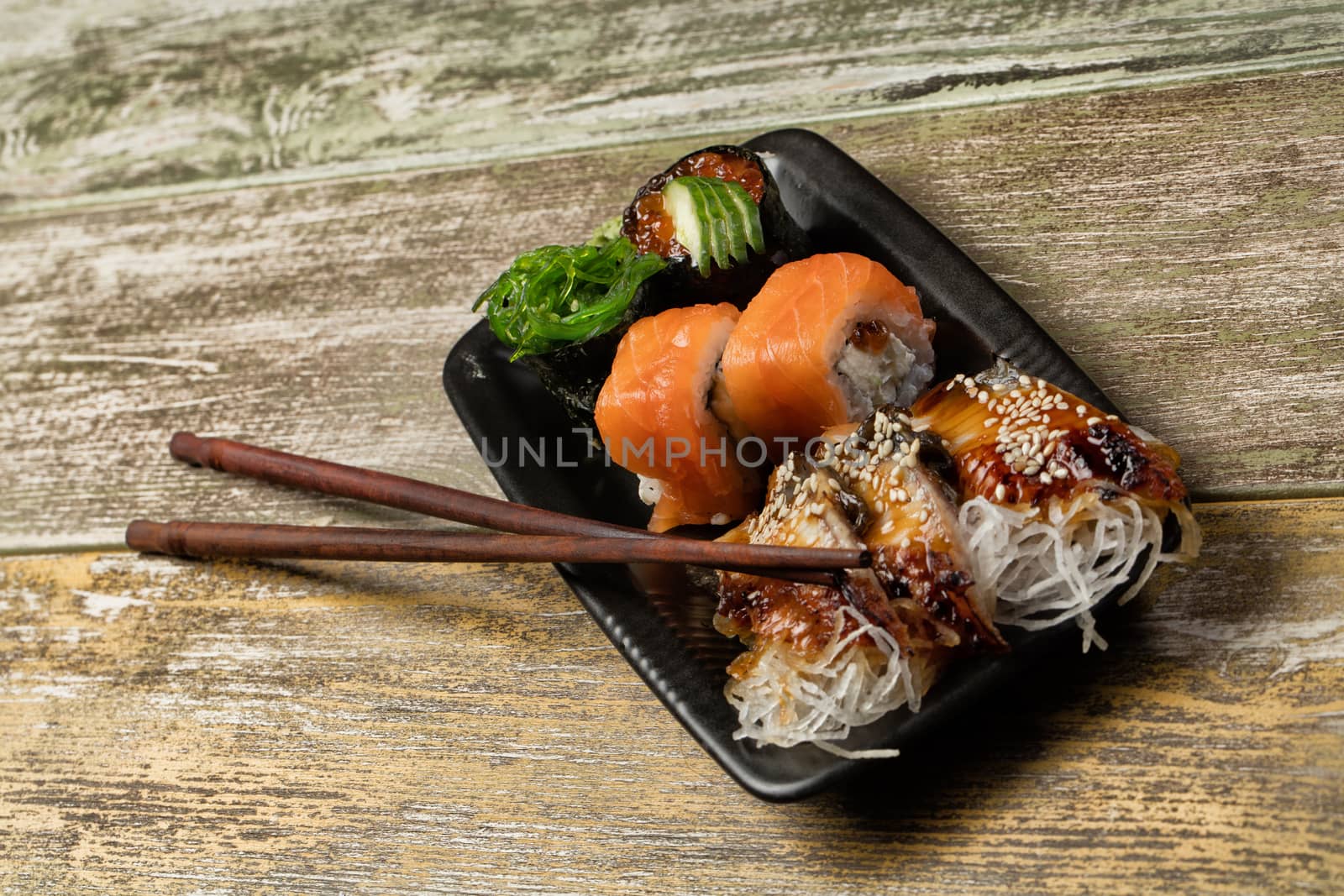 Different kinds of Japanese traditional food on a table