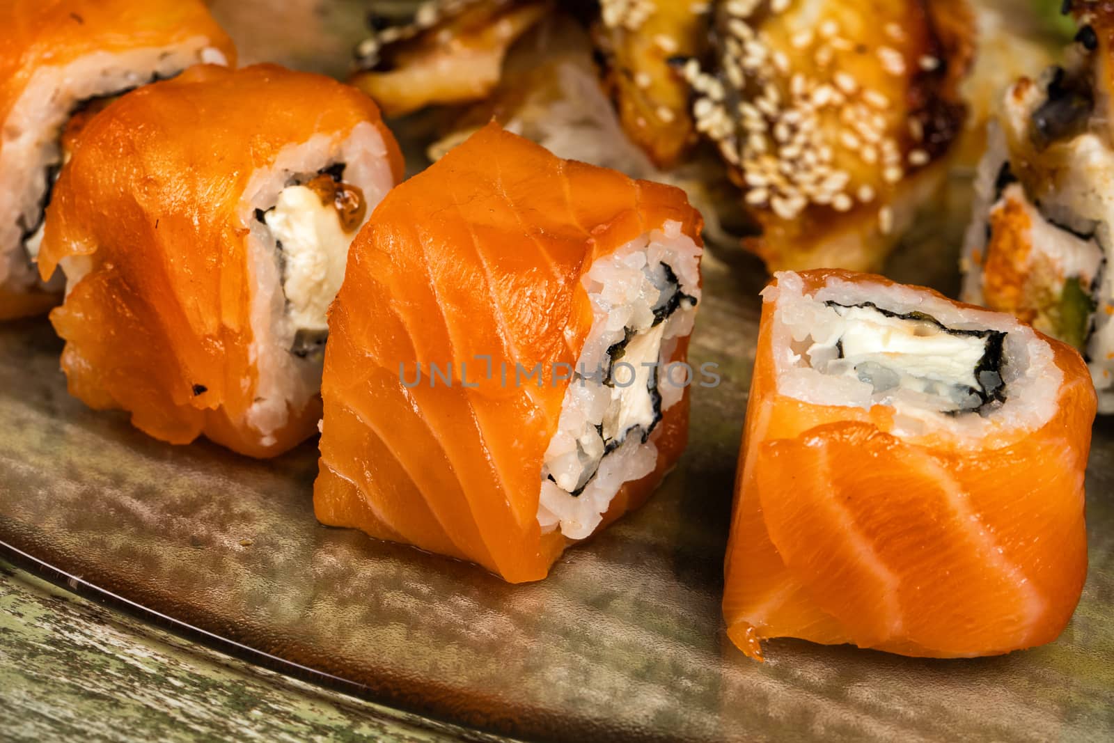 Different kinds of Japanese traditional food on a table