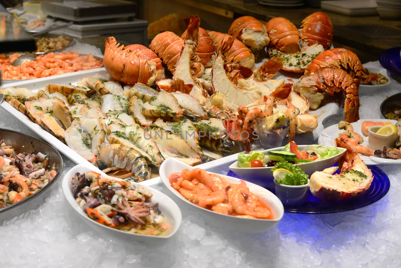 Lobsters on ice; seafood menues in restaurant, Salzburg, Austria