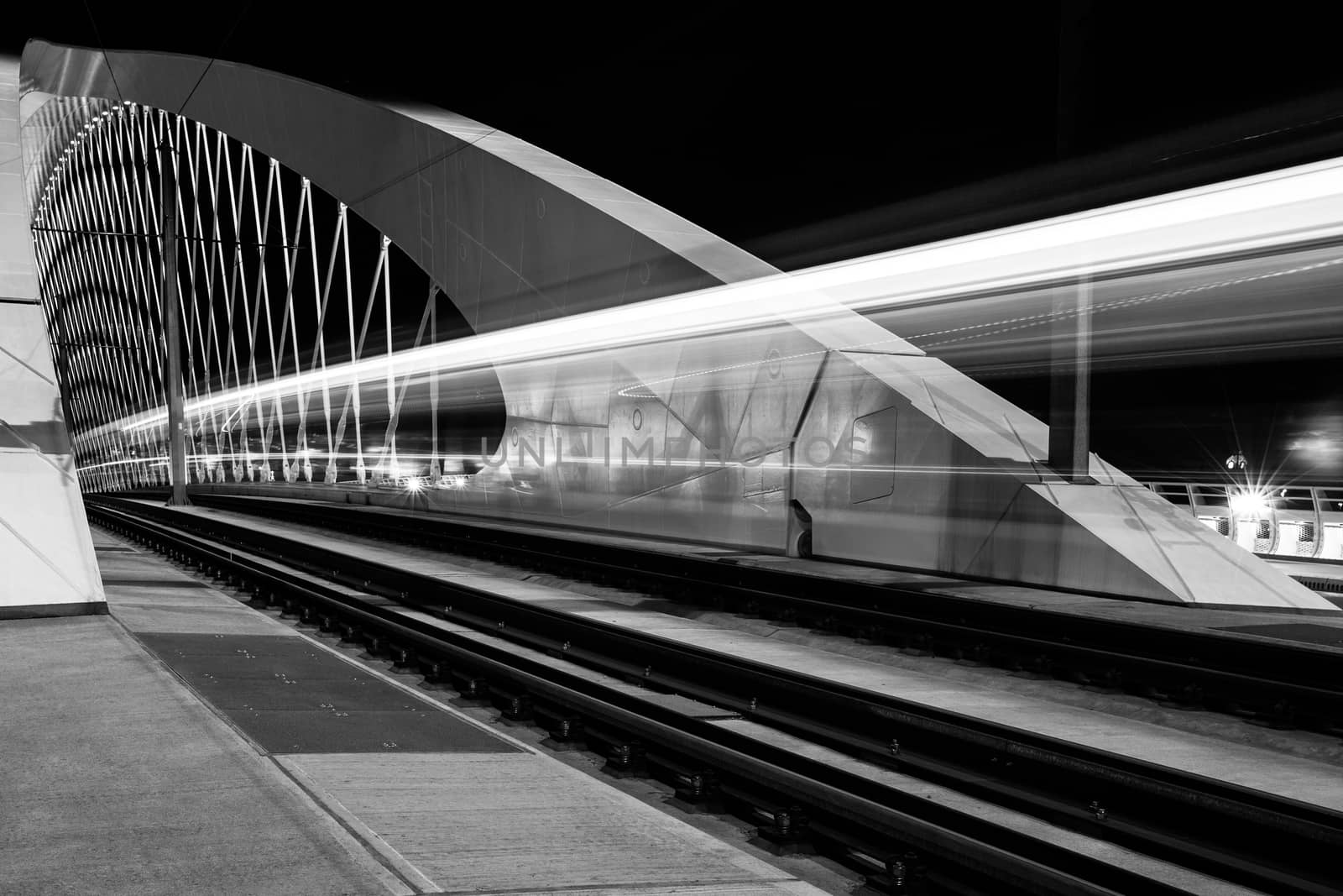 night view of bowstring arch Troja bridge, Prague, Czech Republic