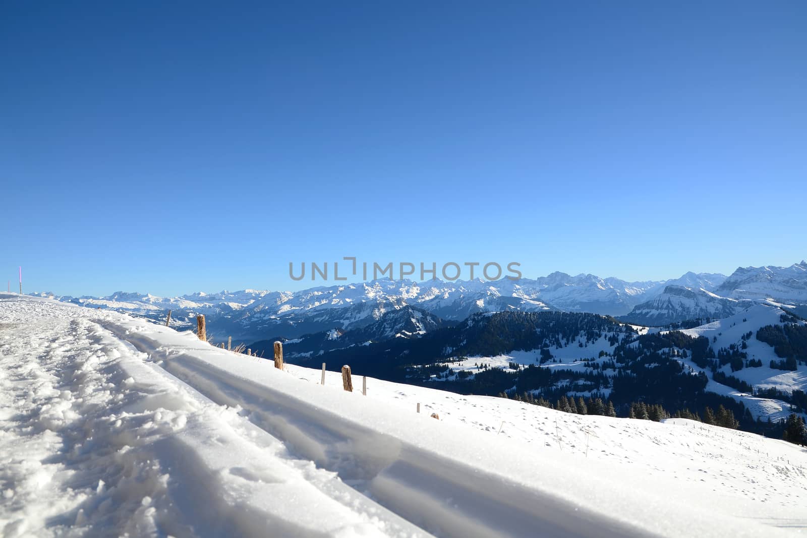 View of Swiss Alps from the Rigi Kulm in winter, Lucerne, Switzerland