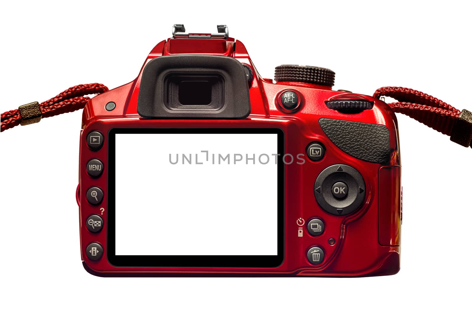 Horizontal shot of the back of a vibrant red camera with a blank screen and straps on a white background.