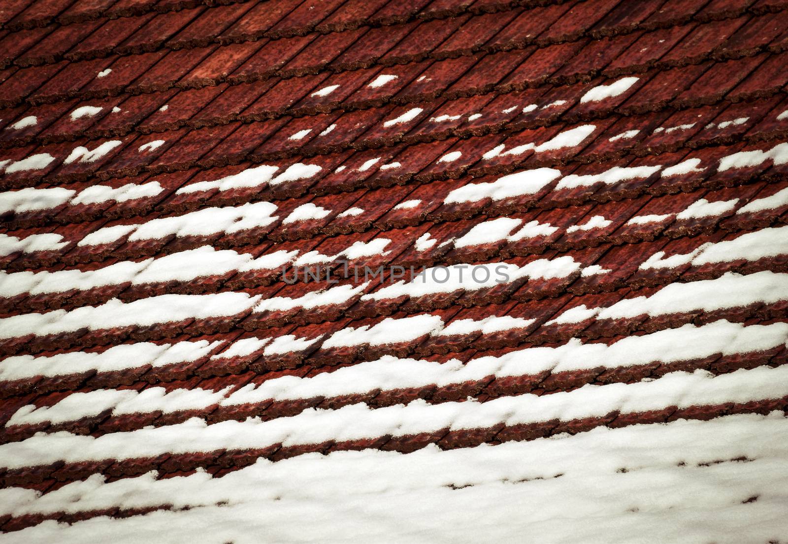 background or texture tiled roof with melting snow
