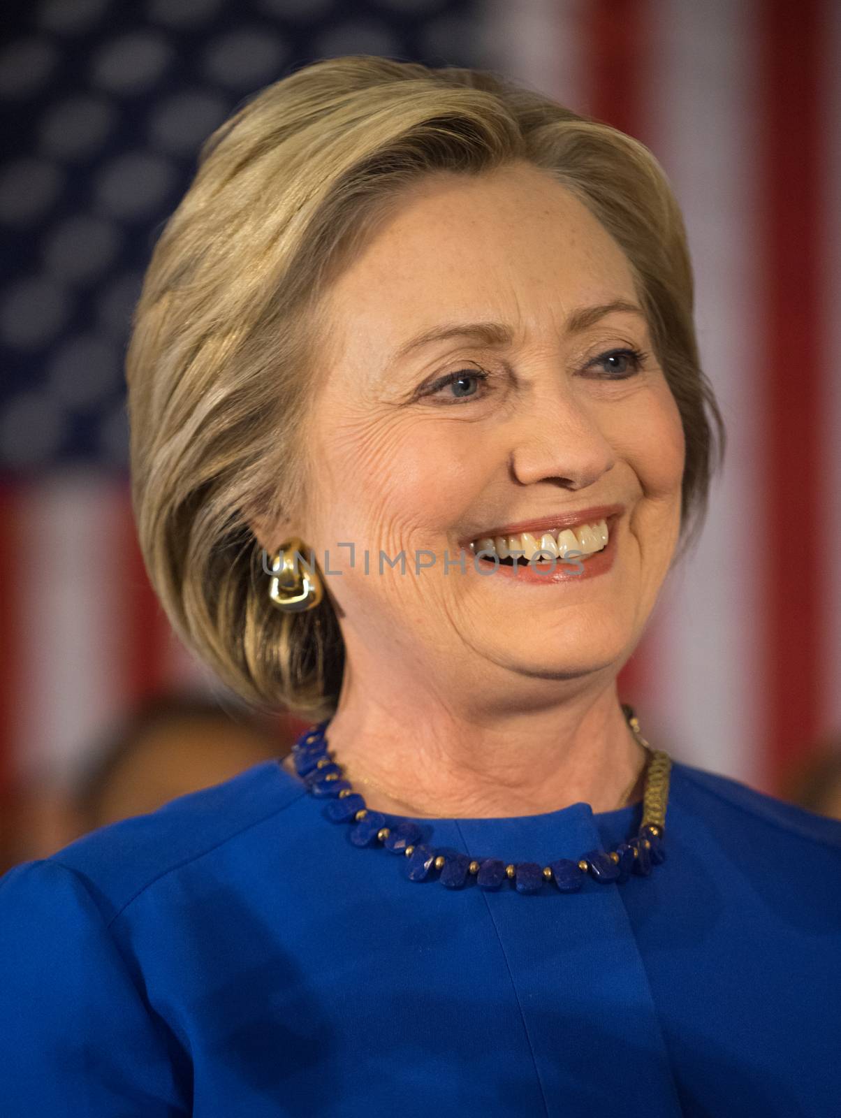 USA, Bronzeville: Democratic presidential hopeful Hillary Clinton smiles during her Get Out and Vote campaign rally at the Parkway Ballroom in Bronzeville, Chicago on February 17, 2016.  At the event, Clinton was joined on stage by Geneva Reed-Veal, mother of the late Sandra Bland.