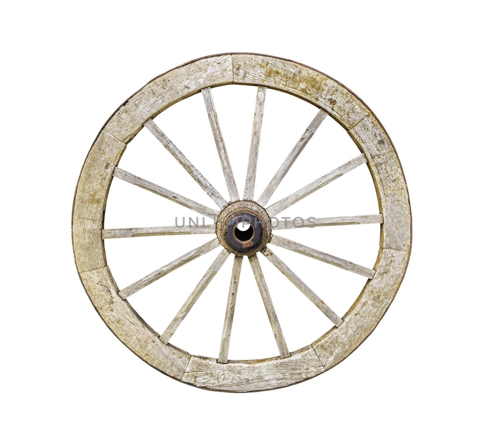 Old wooden wheel from a cart isolated on white whit clipping path