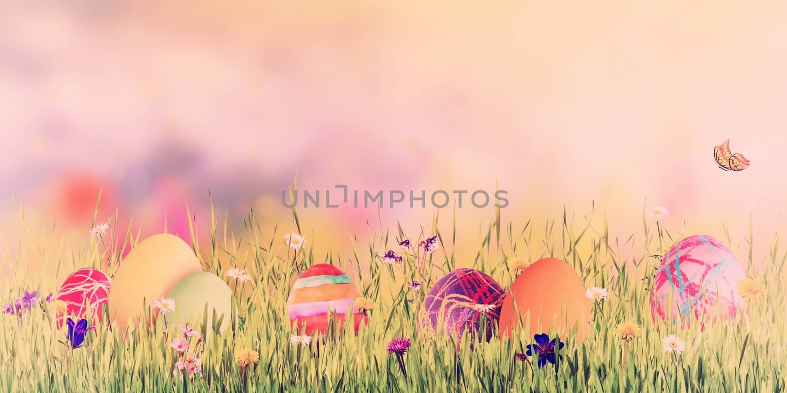 Easter vintage nature holiday background with eggs and flowers