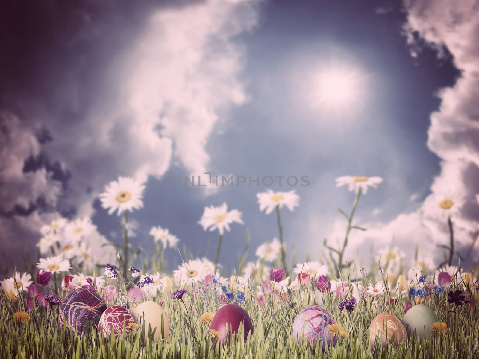 Easter vintage nature holiday background with eggs and flowers