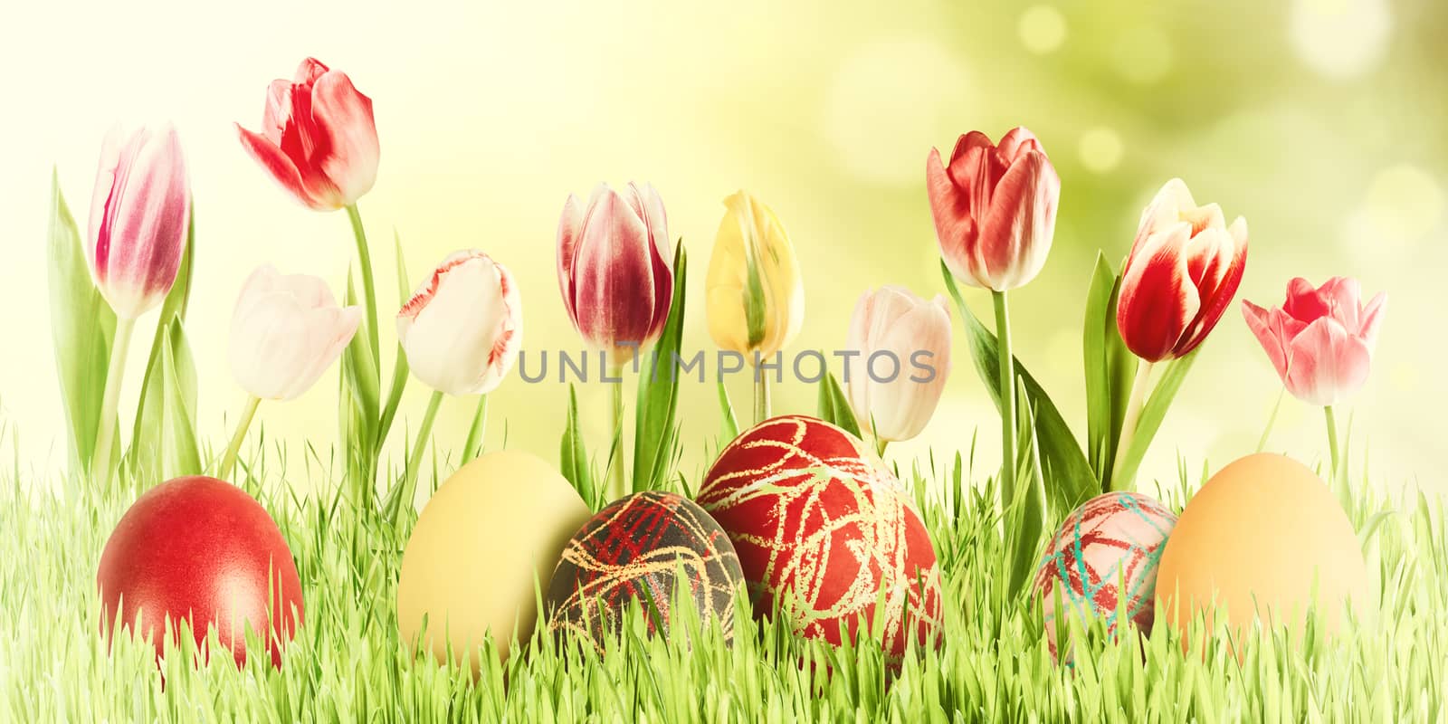 Easter vintage nature holiday background with eggs and flowers