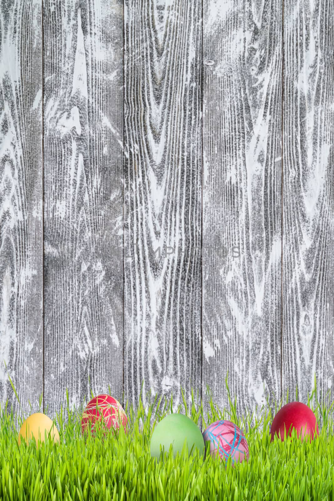 Easter background with eggs in grass and flowers, wooden backdrop