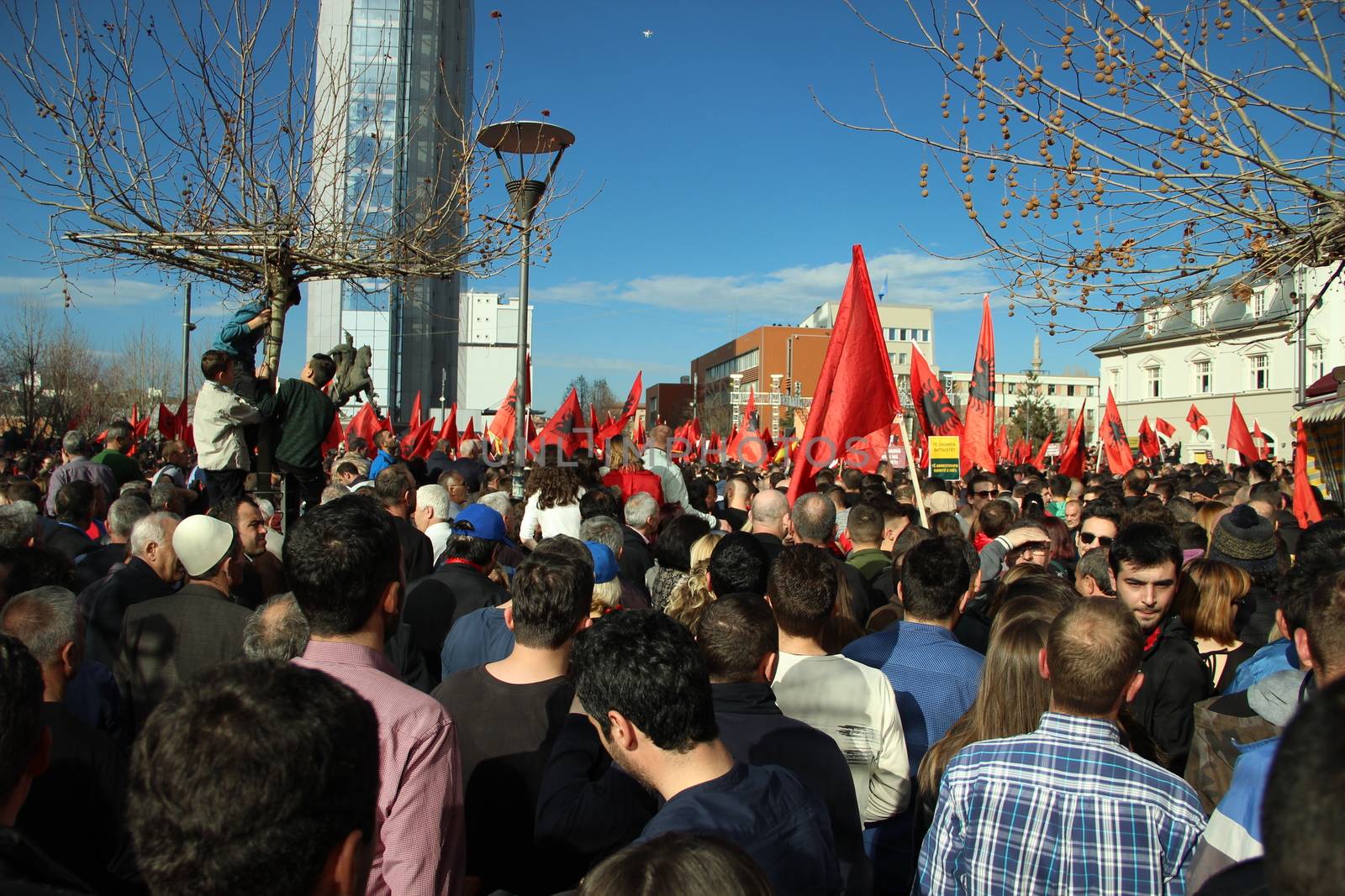 KOSOVO, Pristina: Thousands gather in Pristina on February 17,2016 for a major anti-government rally to mark their eighth anniversary of independence from Serbia.After a morning of official celebrations in the capital Pristina, including a military parade, demonstrators arrived for what opposition parties expected to be a record-breaking protest calling for the government's resignation and early elections.
