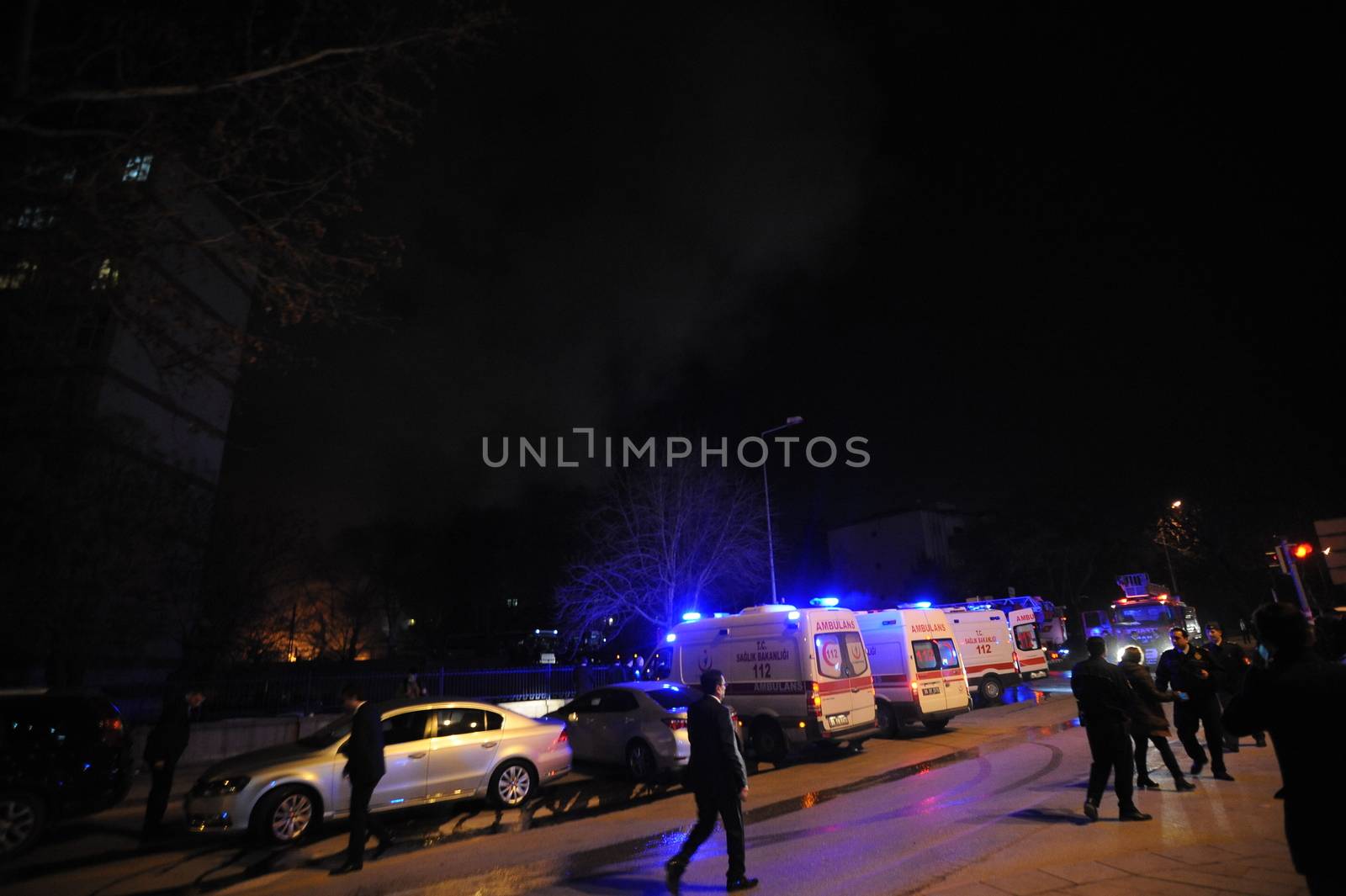TURKEY, Ankara: Emergency responders arrive at the scene of the explosion in Ankara on February 17, 2016.28 people were killed and over 60 were wounded.
