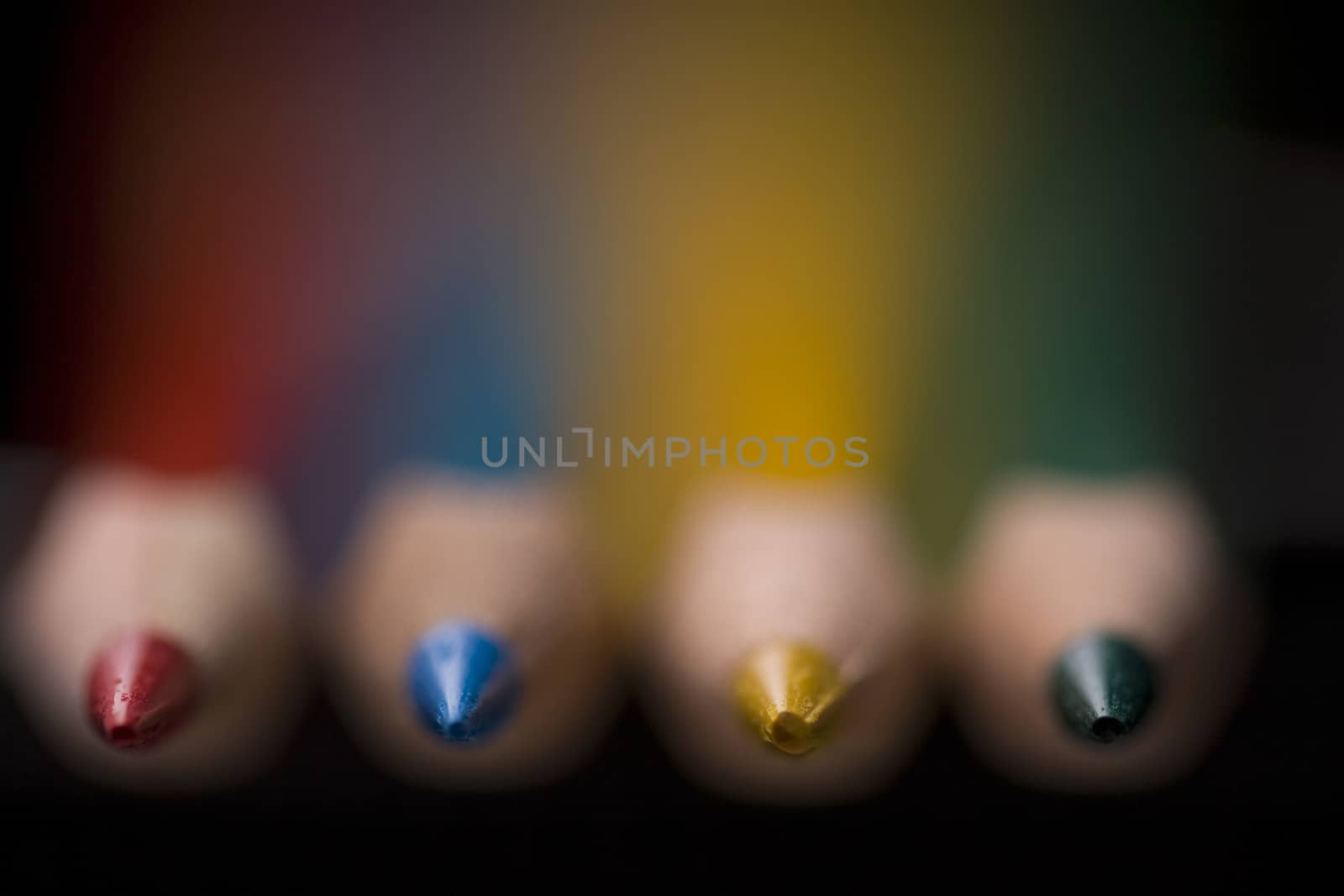 Group of colored pencils with shallow depth of field photographed from the top