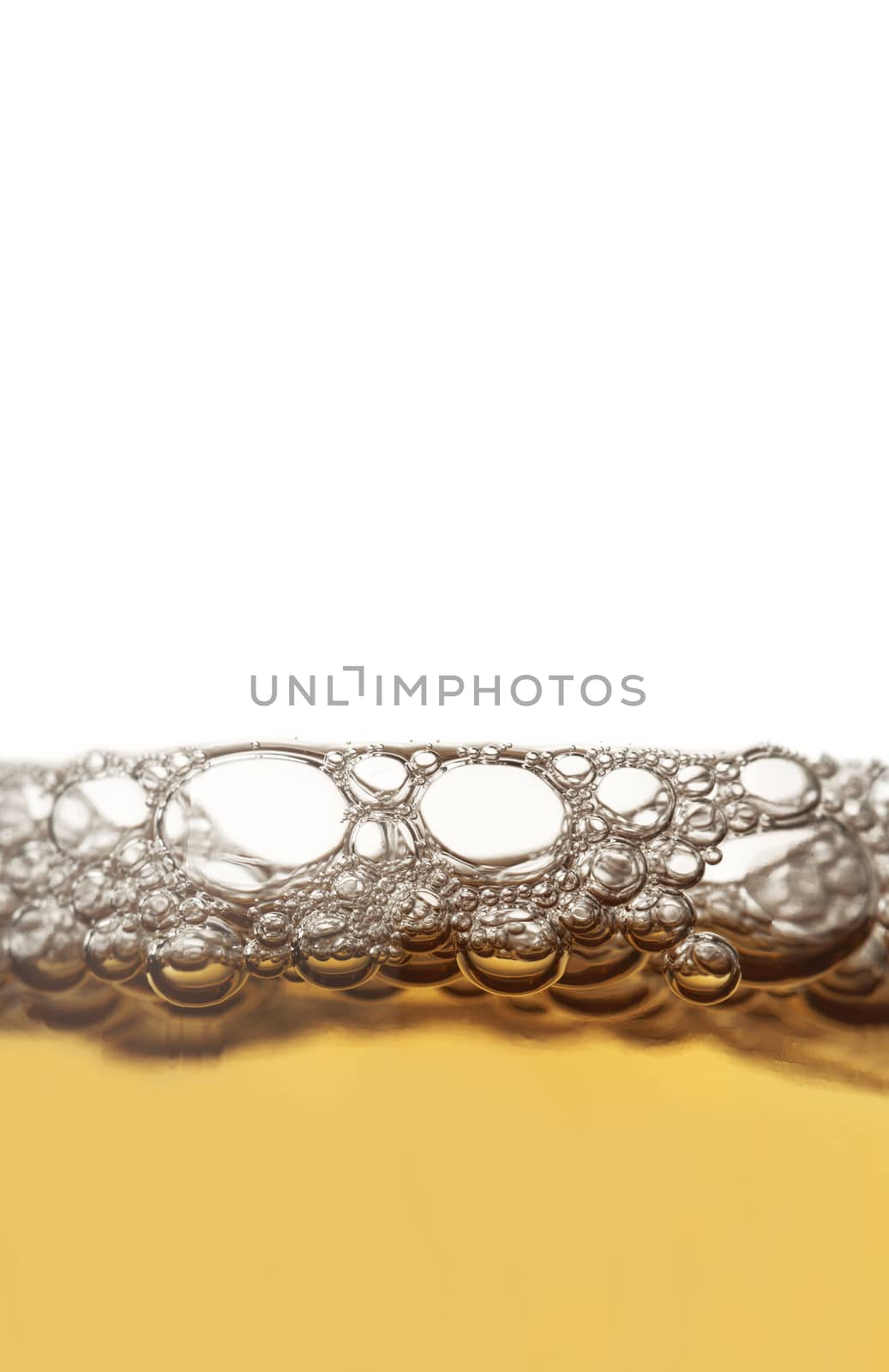 Vertical close up of beer froth isolated on white background