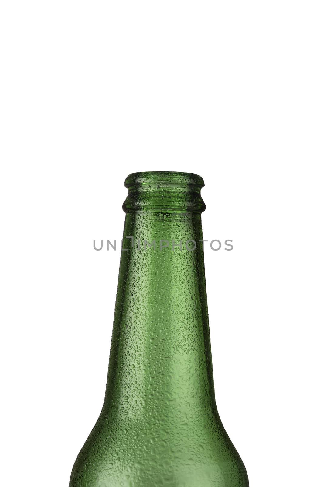 A green empty glass beer bottle with water droplets on it isolated on white background