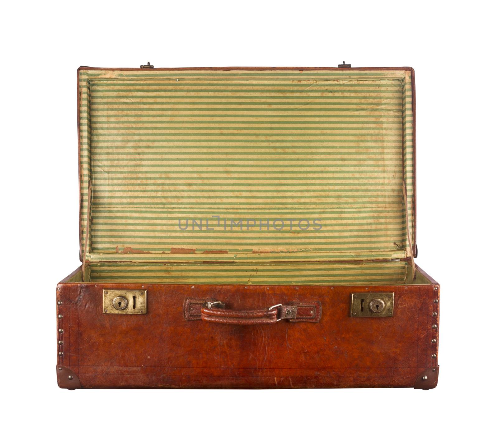 Old vintage open suitcase viewed from the side isolated on white background