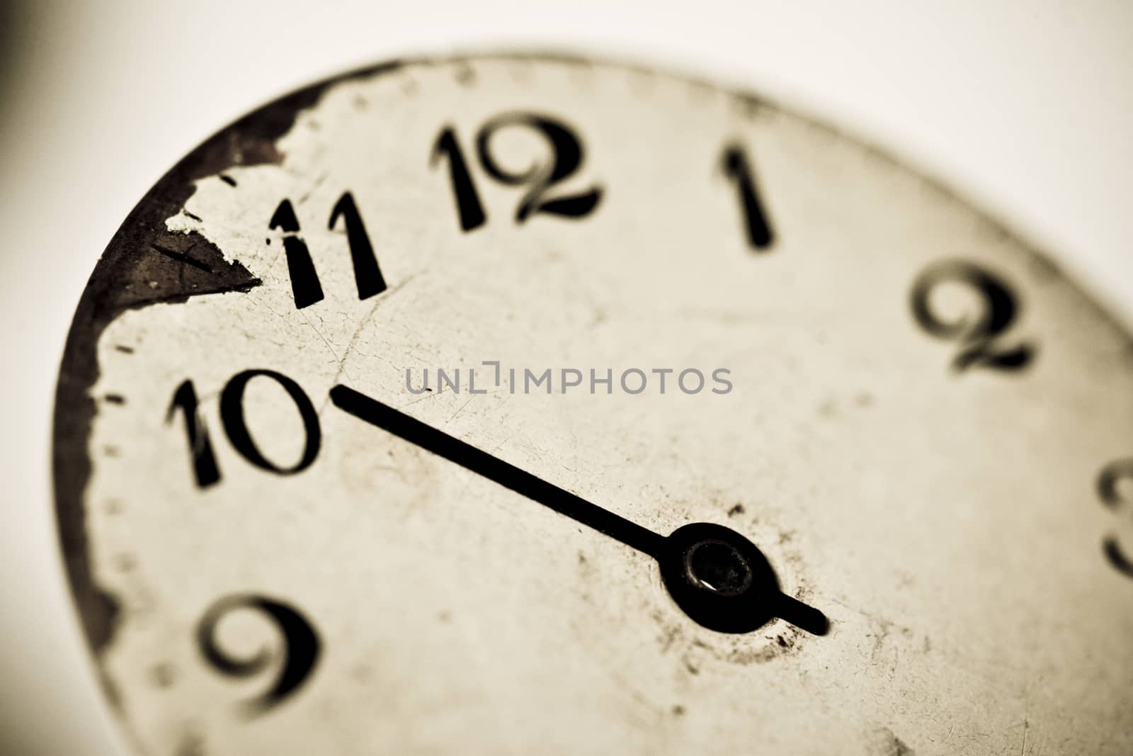 Horizontal close up of a clock dial showing ten o’clock