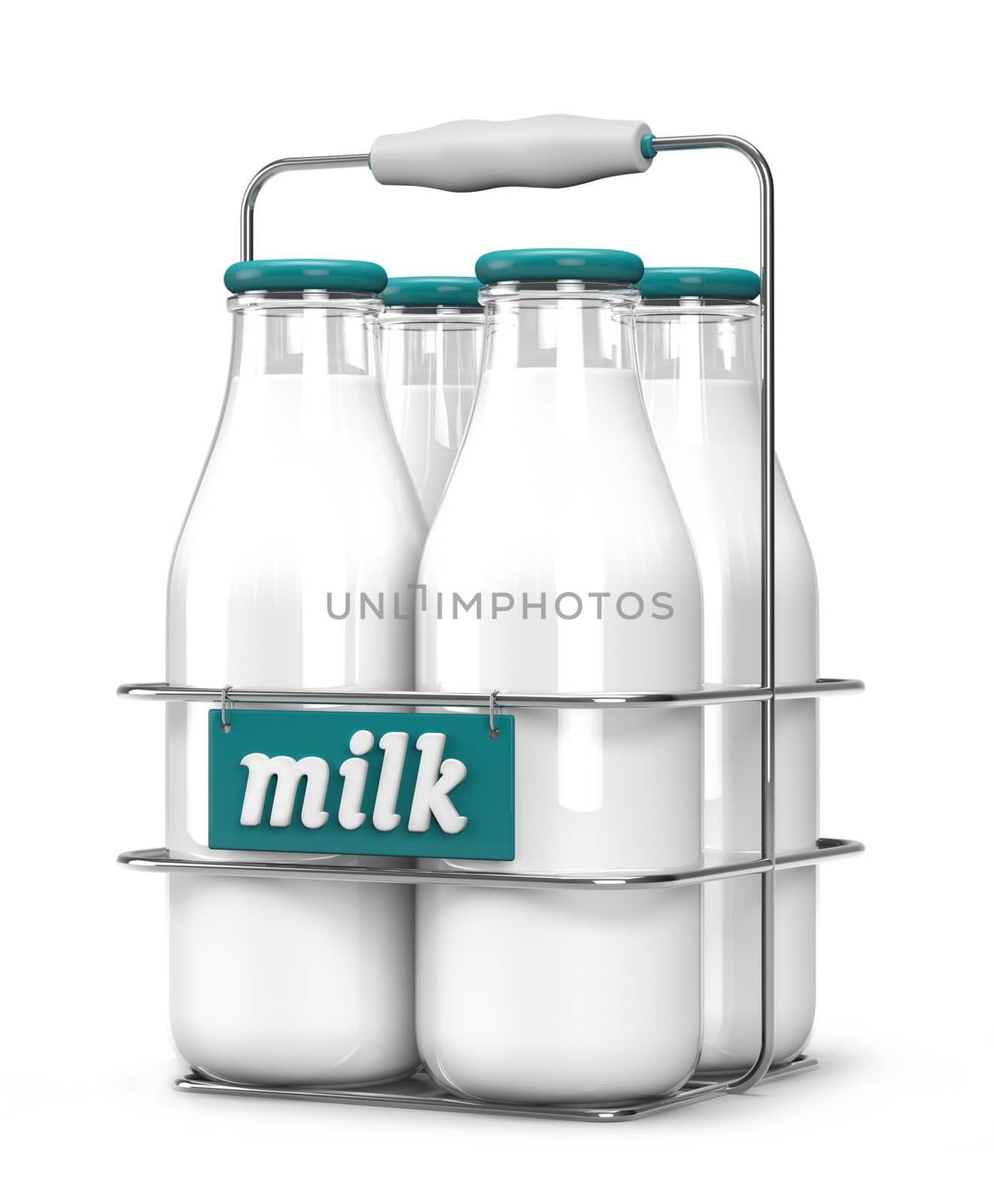 Four glass bottles of milk with light blue caps in a metal carrying case with holder and word milk written on the front isolated on white background