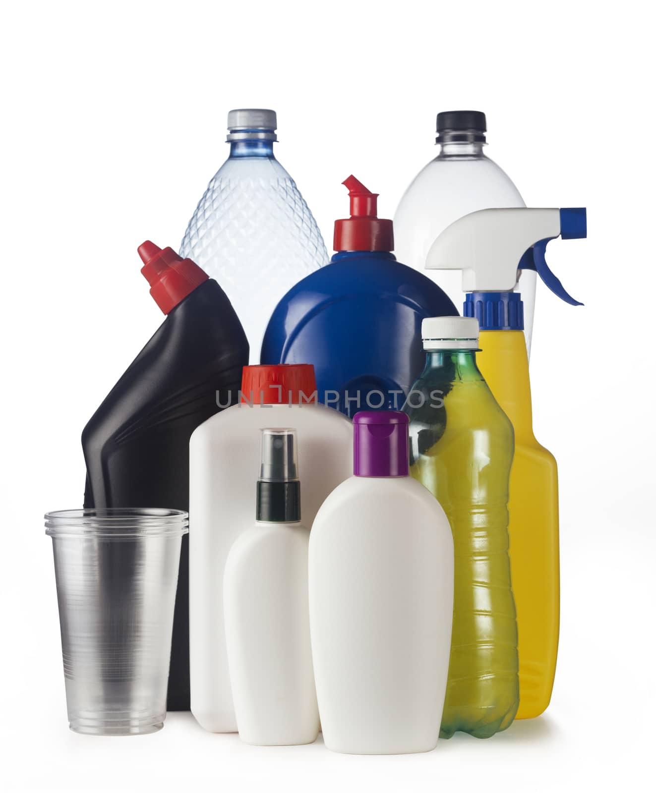 Set of plastic containers isolated on white background, ready for recycle