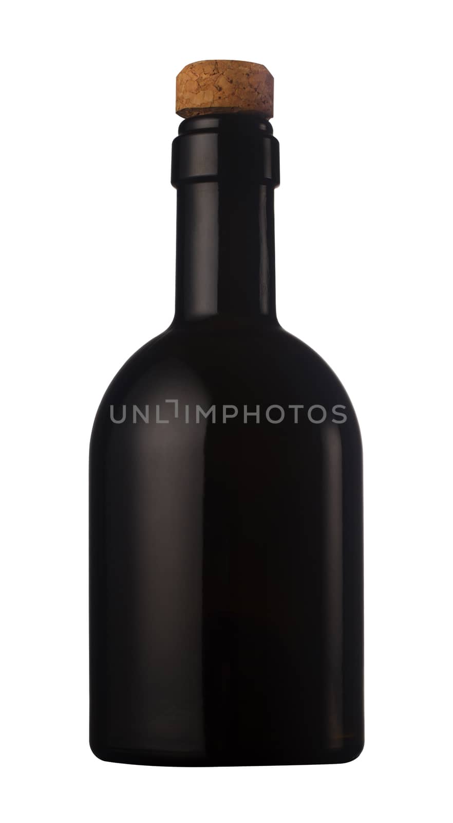 Small black wine bottle with cork isolated on white background