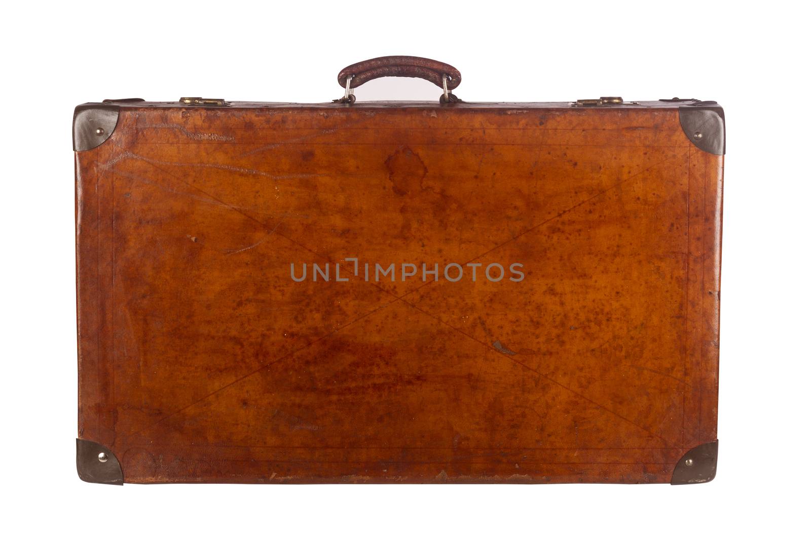 Old closed vintage suitcase viewed from the front isolated on white background