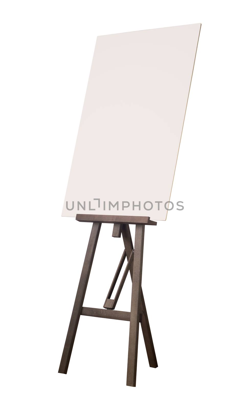 Painting wooden tripod with empty cardboard isolated on white background