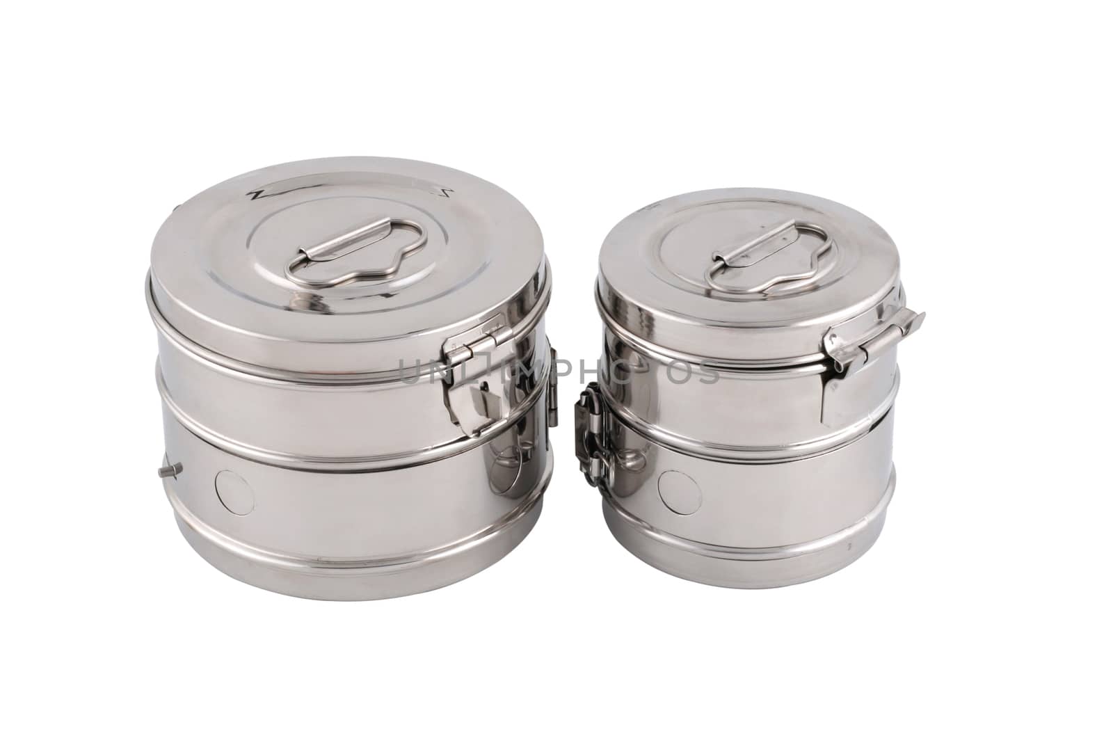 Horizontal side view of two surgical sterilizing containers isolated on white background