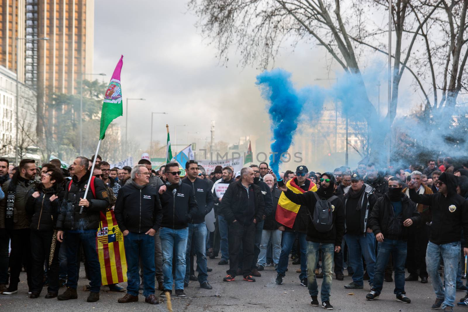 SPAIN, Madrid: Thousands of taxi drivers demonstrate against deregulation and ride-hailing companies such as Uber, in Madrid, on February 18, 2016.