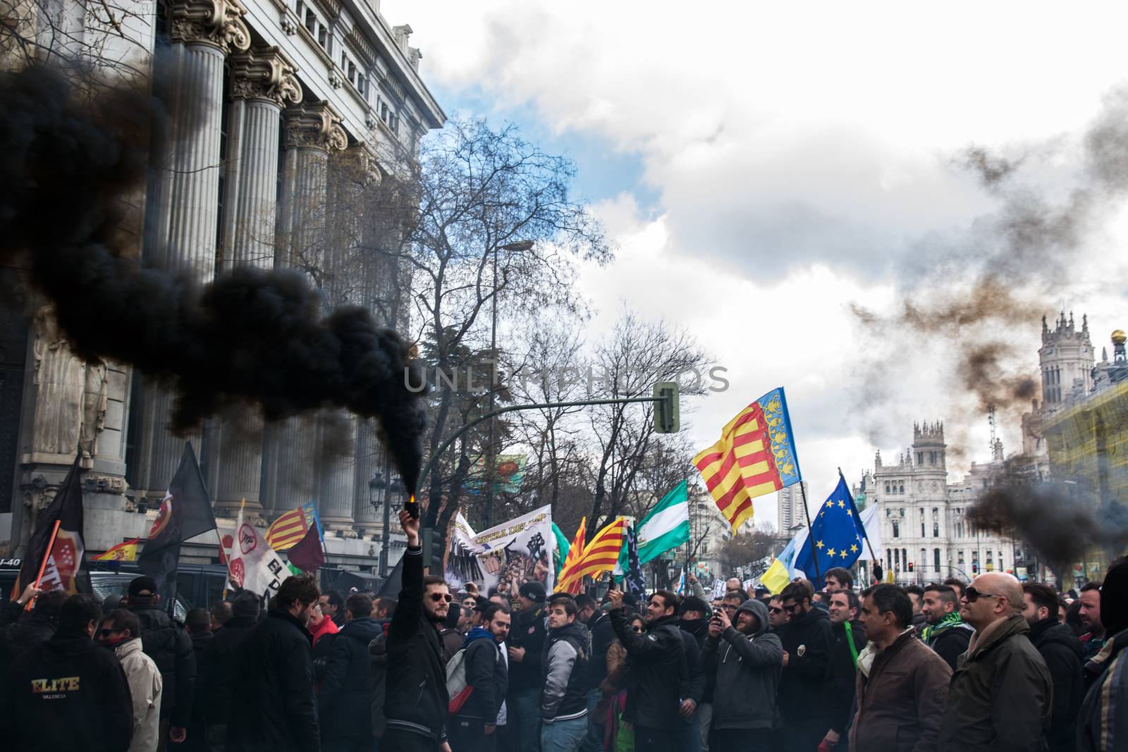 SPAIN, Madrid: Thousands of taxi drivers demonstrate against deregulation and ride-hailing companies such as Uber, in Madrid, on February 18, 2016.
