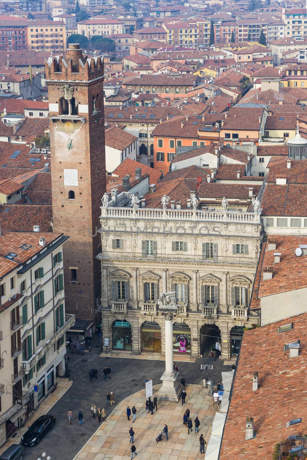 View of Piazza delle Erbe and Palazzo Maffei from the Torre dei Lamberti, in Verona