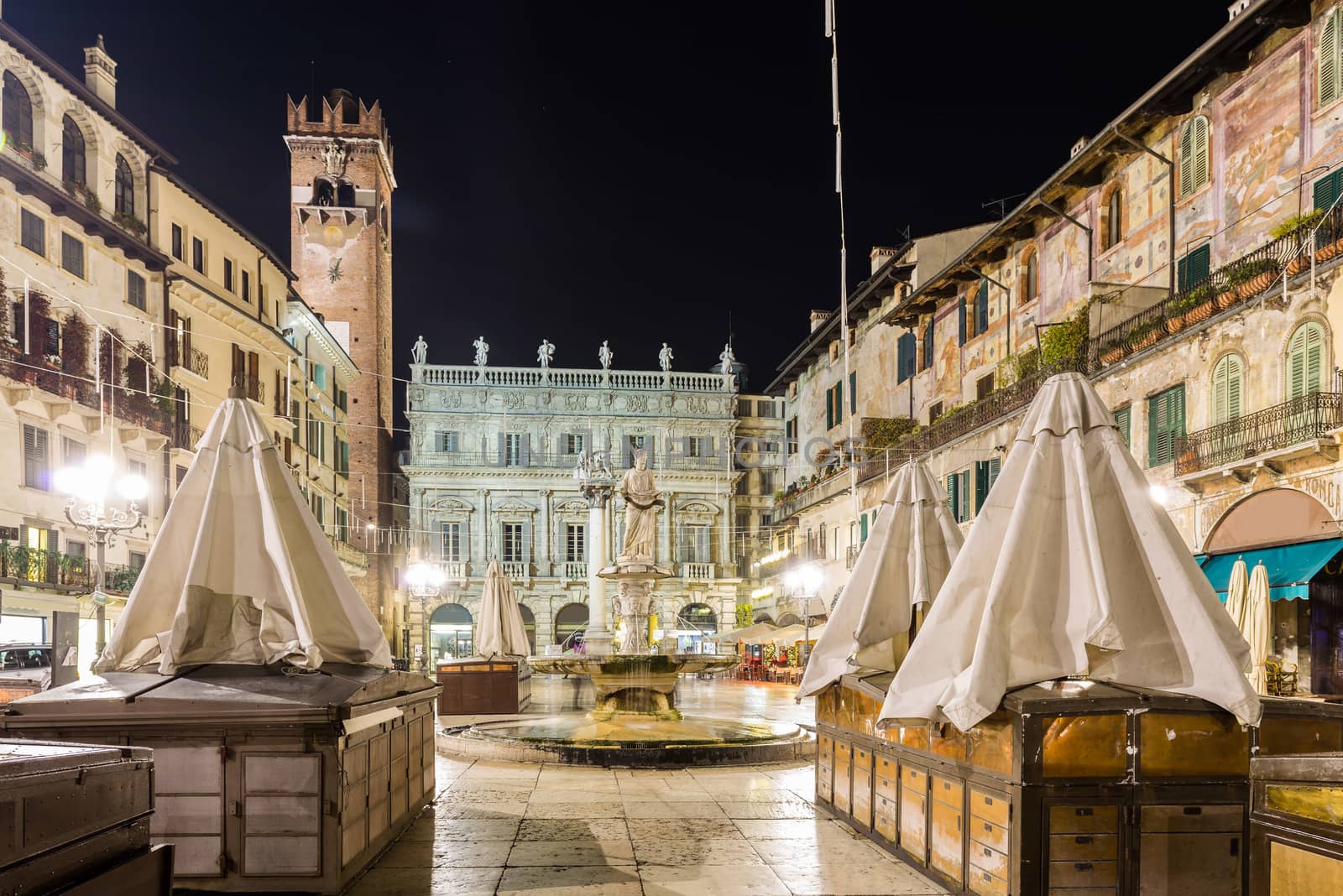 Nightview of Piazza delle Erbe, also called Market Square, where the forum was during the roman empire