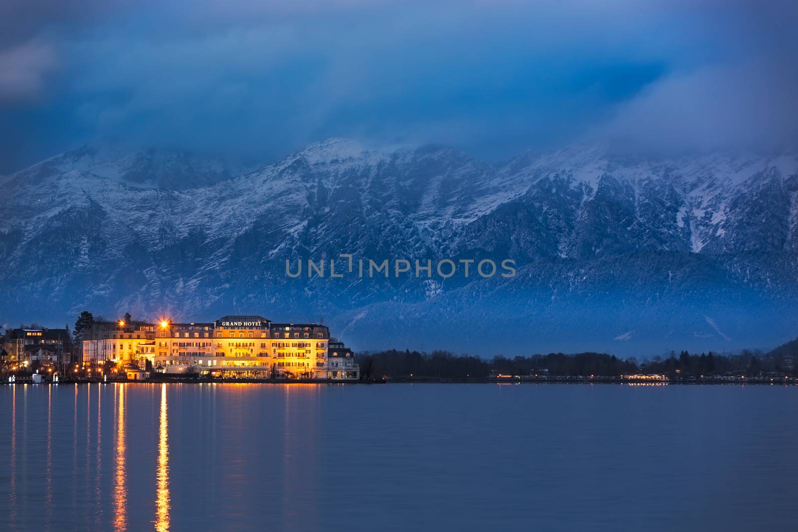 ZELL AM SEE, AUSTRIA - JANUARY 05, 2016 - Grand Hotel in front o by fisfra