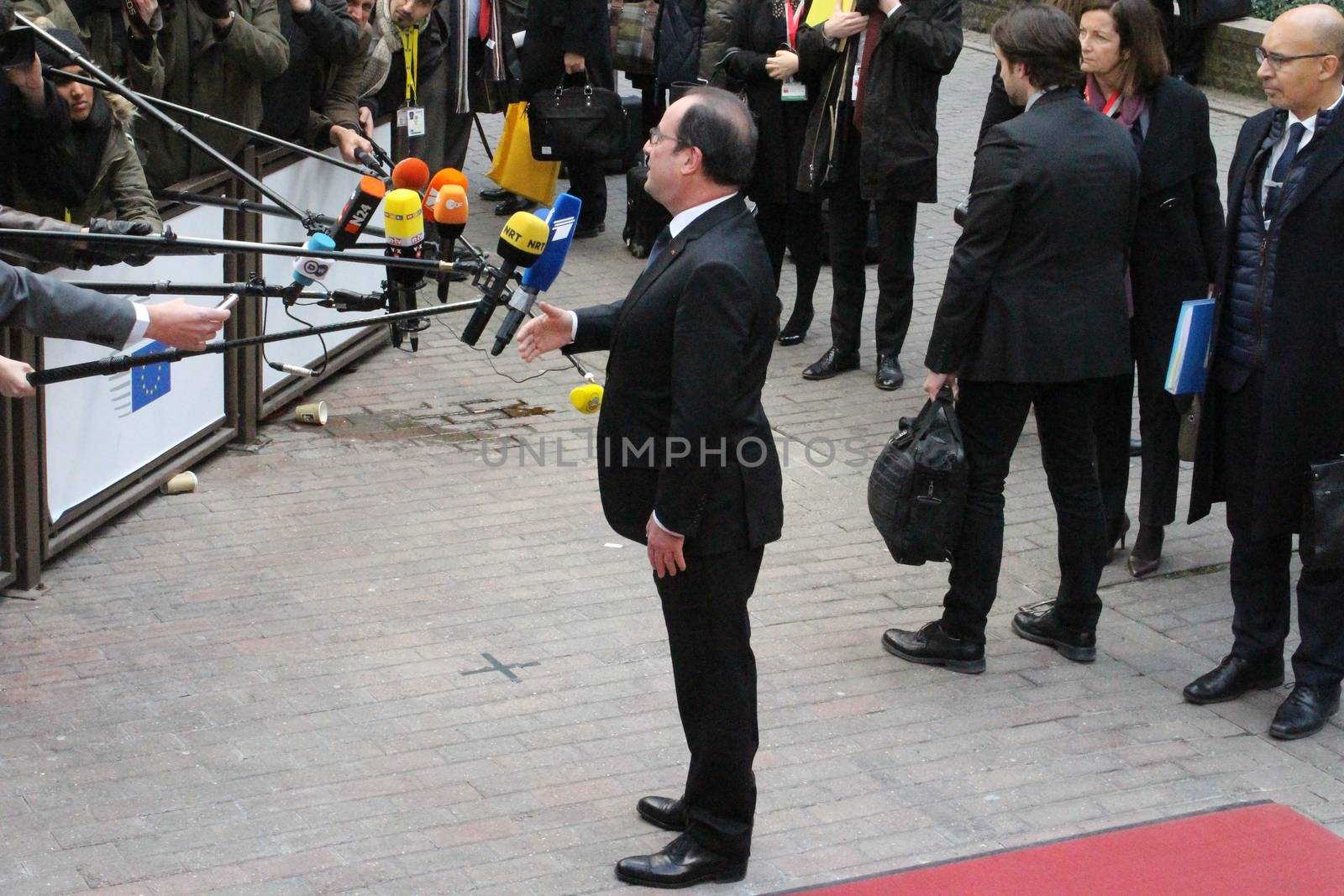 BELGIUM, Brussels: Francois Hollande, French President, talks to the press before the European Council in Brussels on February 18, 2016.