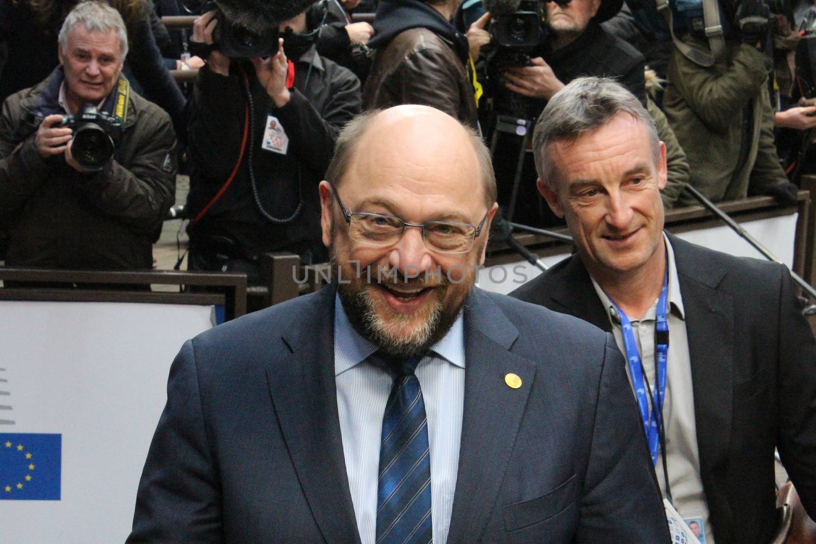 BELGIUM, Brussels: Martin Schulz; president of the European Parliament, talks to the press before the European Council in Brussels on February 18, 2016.