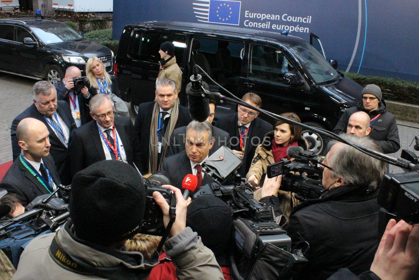BELGIUM, Brussels: Viktor Orban, Prime minister of Hungary, talks to the press before the European Council in Brussels on February 18, 2016.