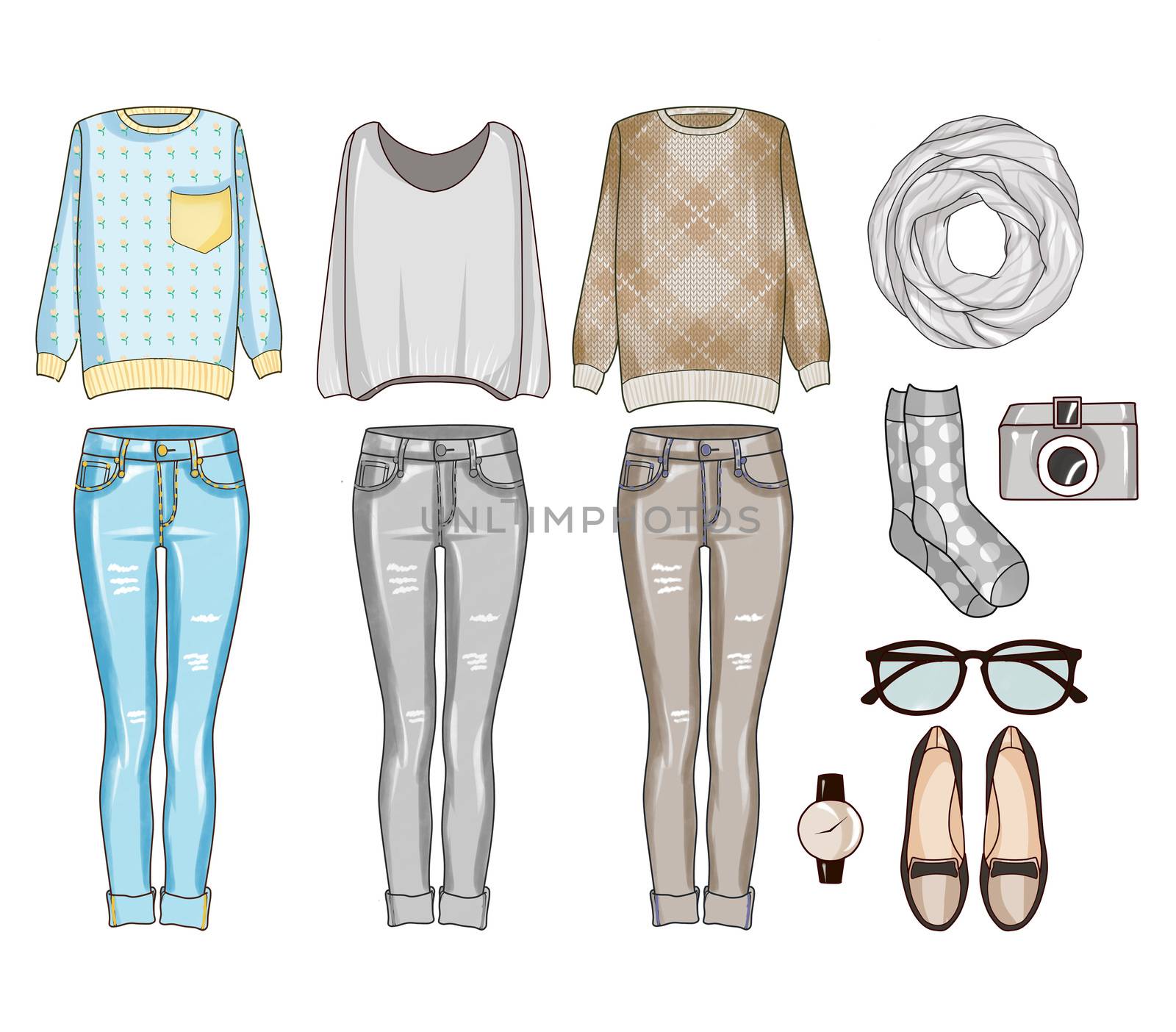 Fashion set of woman's clothes, accessories, and shoes . Casual outfits in grey, blue and brown color shades - fashion clip art by GGillustrations