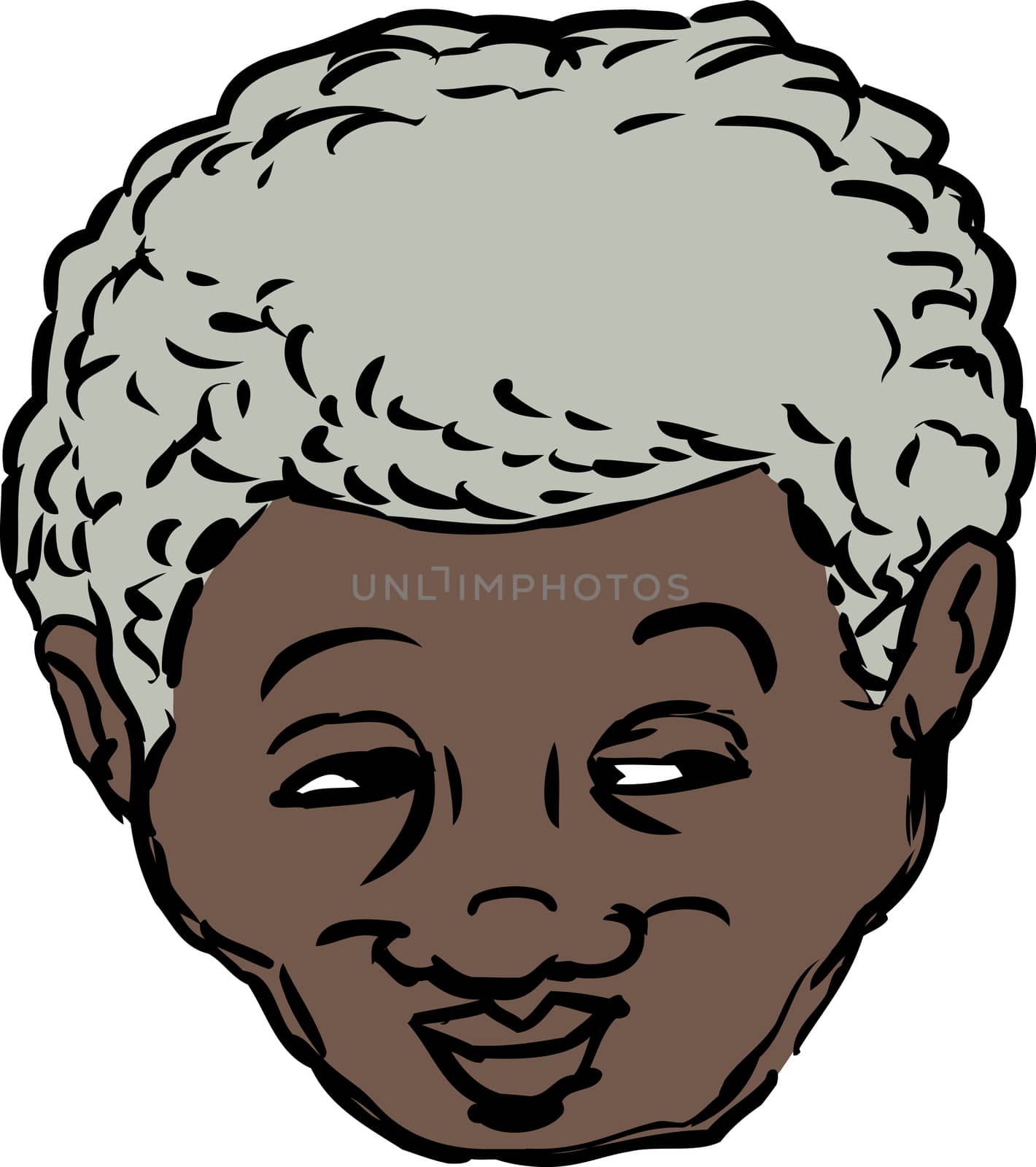 Single isolated head of grinning middle aged Black man looking over