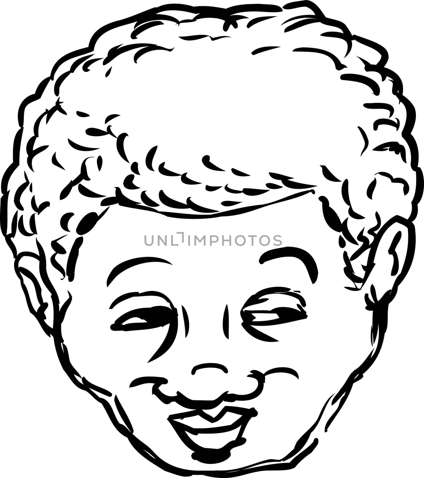 Outlined single isolated head of grinning middle aged Black man looking over