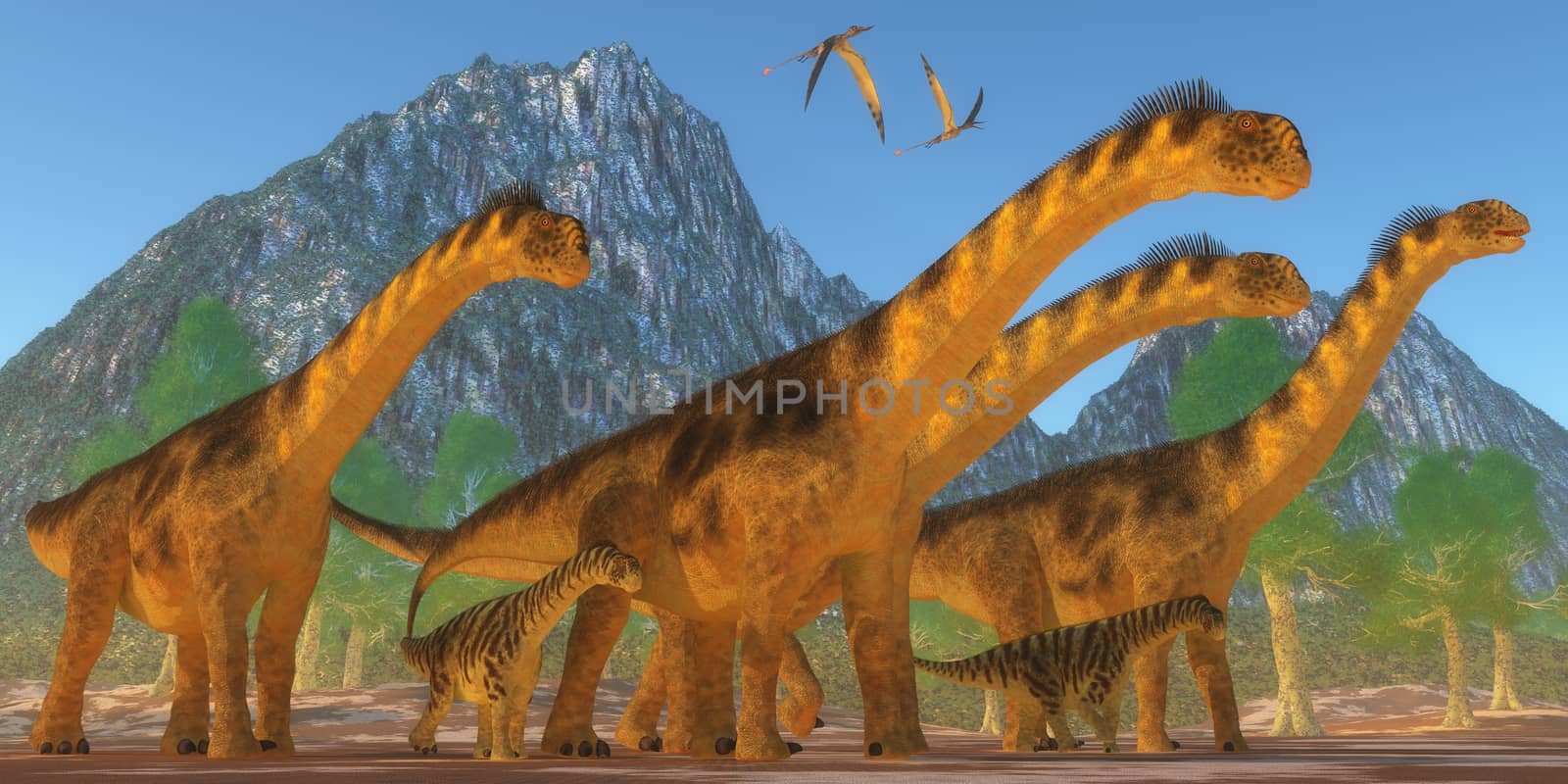 A Camarasaurus sauropod dinosaur herd keep watch on their offspring as two Rhamphorhynchus reptiles fly over.