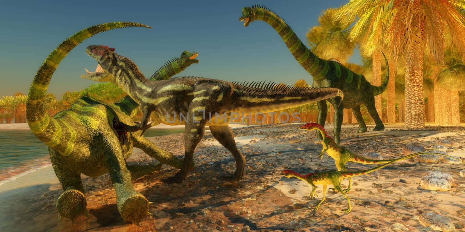 Two Compsognathus wait as an Allosaurus dinosaur brings down a huge Brachiosaurus on the beach.