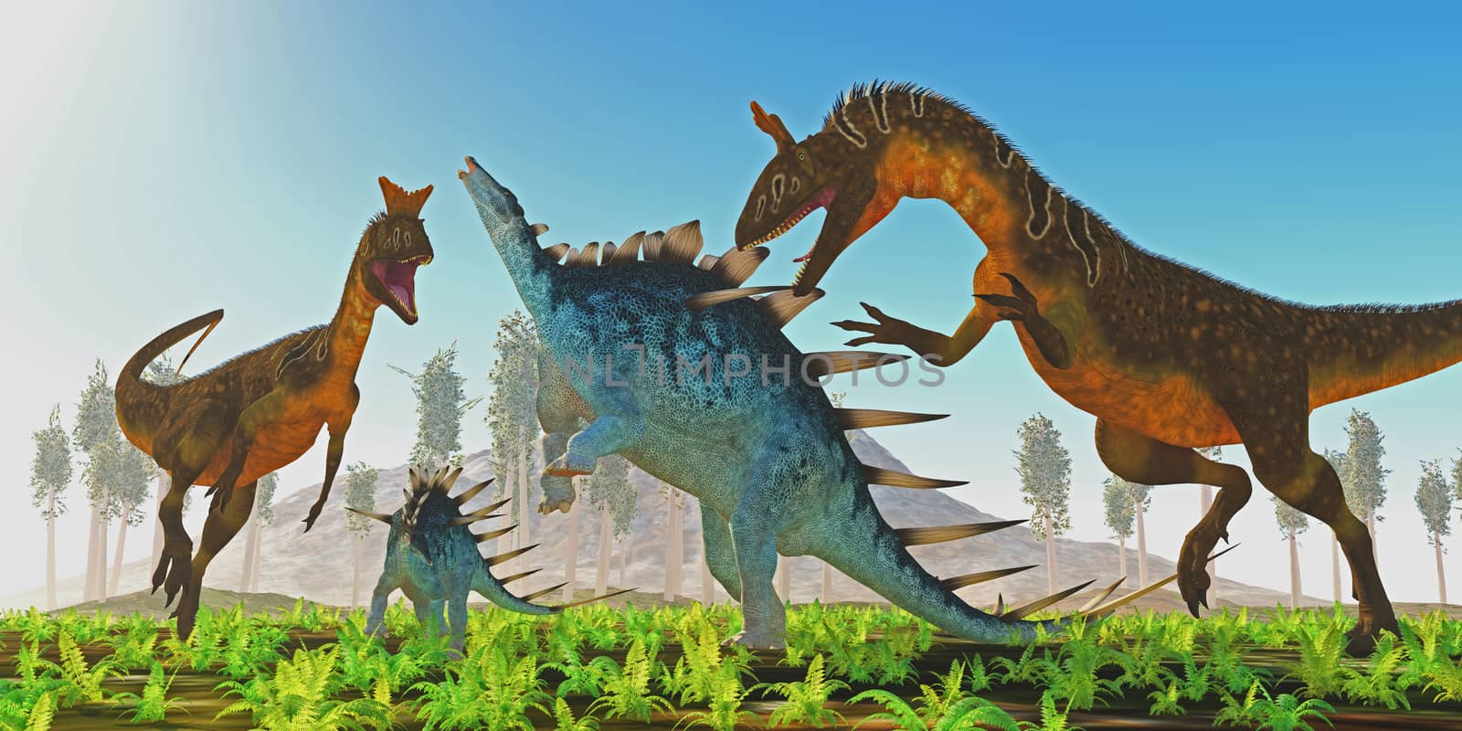 A Kentrosaurus female rears up to defend her offspring from two carnivorous Cryolophosaurus dinosaurs.