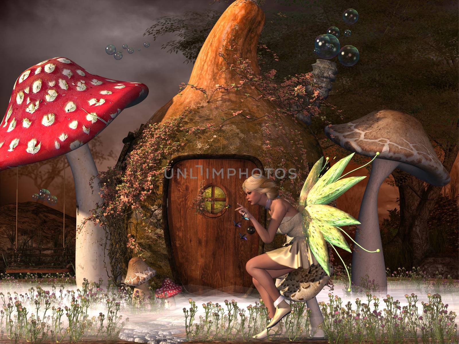 Fairy Belle plays with glowflies outside her gourd home in the magical forest.