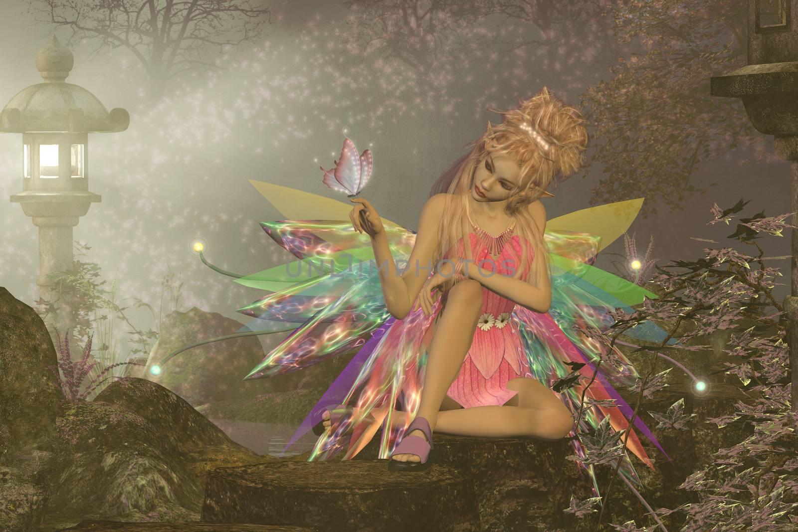 A small fairy with wings waits as a pink butterfly lands on her finger in a magical woodland forest.