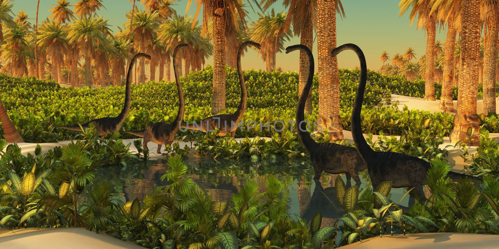 A herd of Omeisaurus dinosaurs use a small Jurassic pond for drinking and bathing.