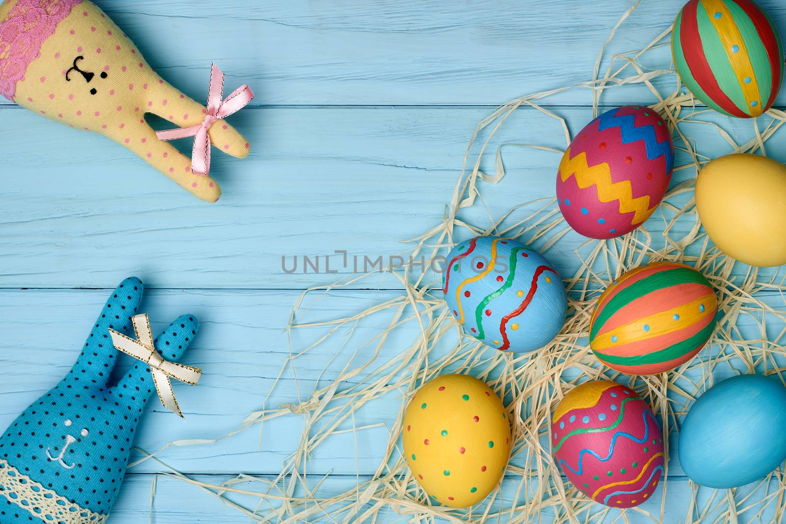 Easter eggs hand painted, rabbits, wood background by 918