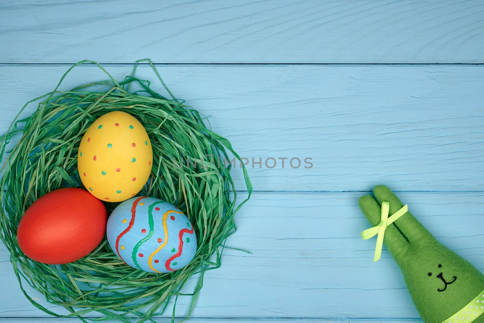Easter eggs hand painted, rabbit, wood background by 918