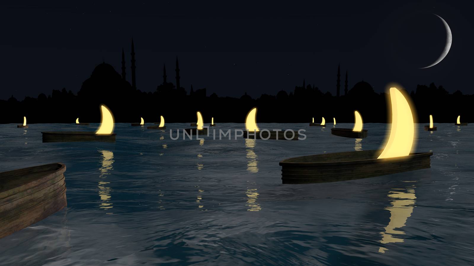 Night scene in the middle of the ocean with illuminated moons inside the boats.