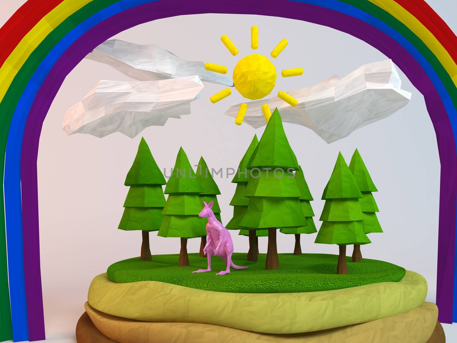 3d kangaroo inside a low-poly green scene with sun, trees, clouds and a rainbow