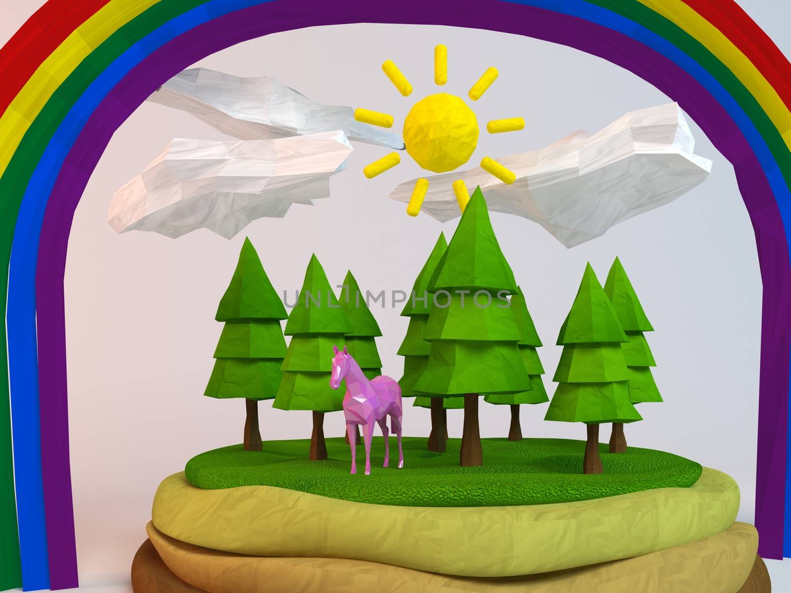 3d horse inside a low-poly green scene by fares139