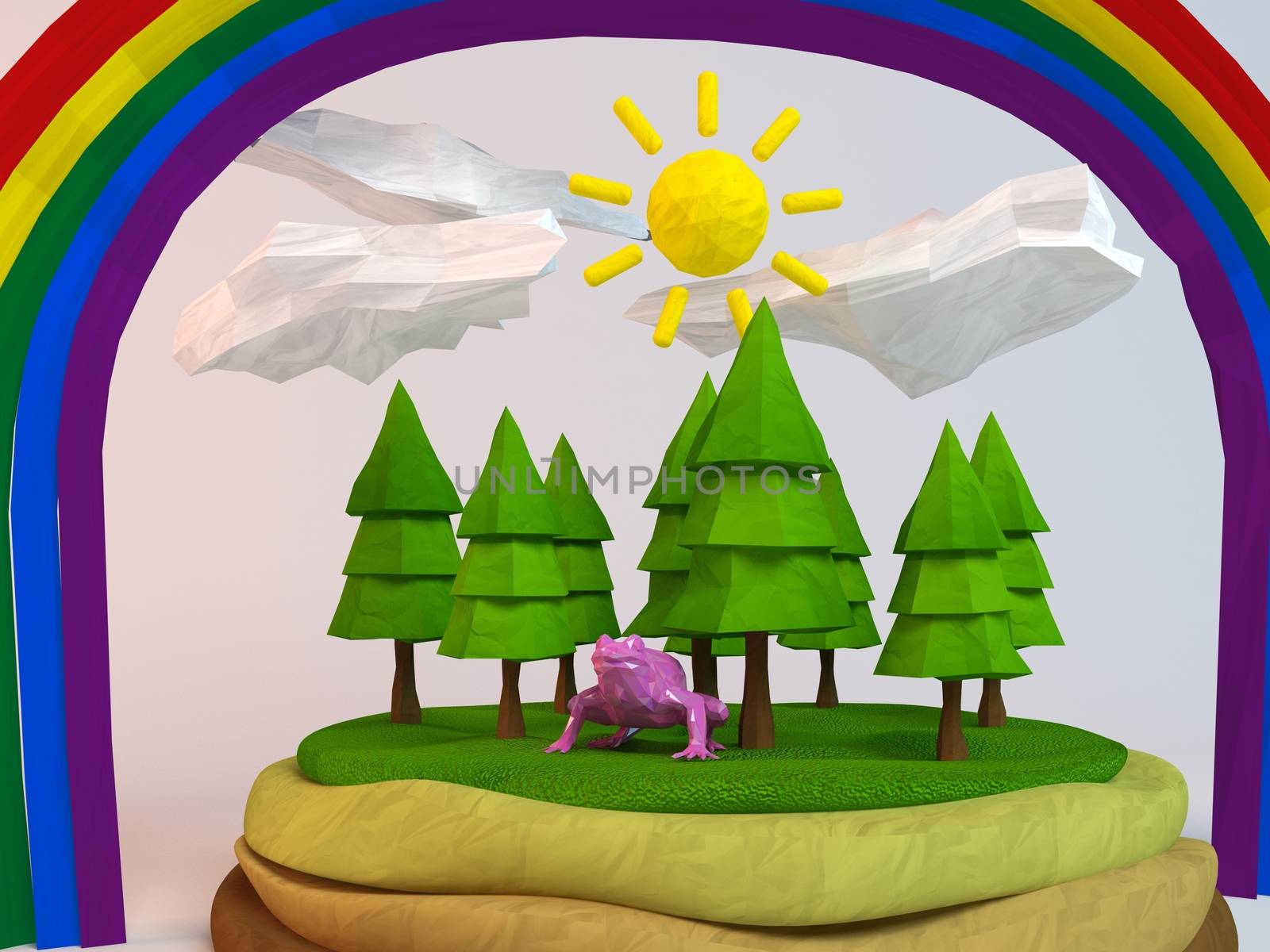 3d frog inside a low-poly green scene with sun, trees, clouds and a rainbow